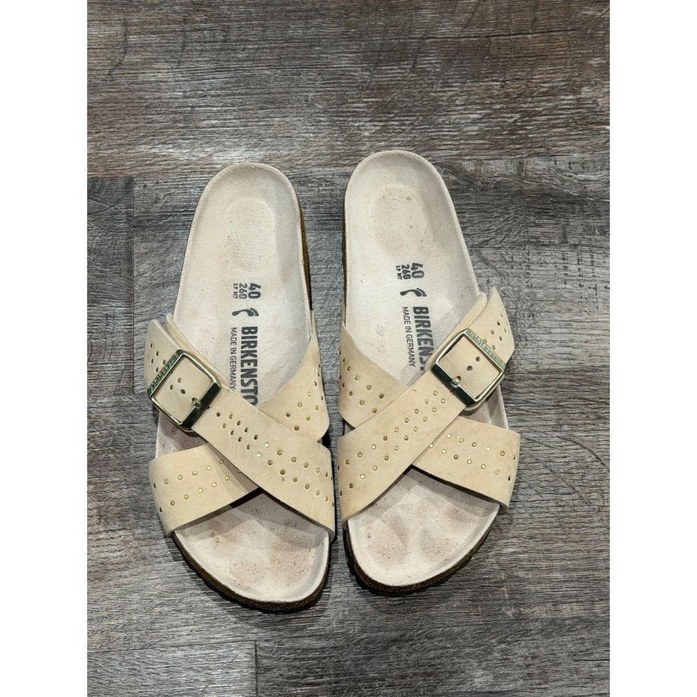 Birkenstock Franca Studded Suede Sandals Cream Beige Gold Buckle 40 L9 M7